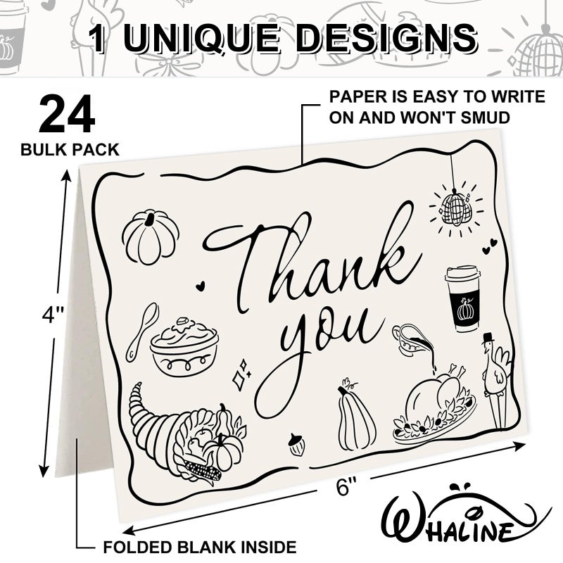 Whaline 24 Pack Thanksgiving Thank You Cards Fall Black Turkey Pumpkin Pie Thank You Greeting Note Cards with Envelope Sticker for Autumn Harvest Wedding - Image 2